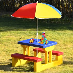 Costway Tavolo da picnic per bambini con parasole pieghevole Set di tavolo e panche per giardino 67x41x47cm Colorato