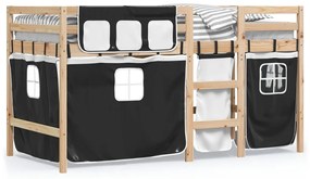 Letto a soppalco con tende bambini bianco e nero 90x200 cm pino