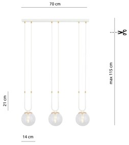 Sospensione 3 Luci Glam In Acciaio Bianco Oro E Sfera In Vetro Trasparente