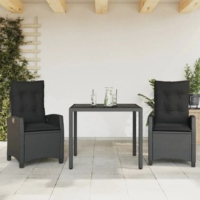 Set da Pranzo da Giardino 3 pz con Cuscini Nero in Polyrattan