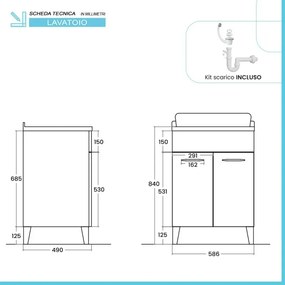 Mobile lavatoio 60x50 cm grigio calce vasca in resina e kit di scarico Moon