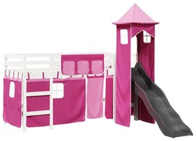 Letto a soppalco con torre bambini rosa 90x200cm massello pino