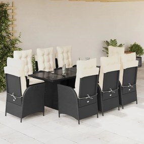 Set da pranzo da giardino 9 pz con cuscini nero in polyrattan