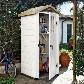 Casetta da giardino GAROFALO Tuscnay EVO XS in pvc beige con porta battente semplice, superficie interna 0.58 m² e spessore parete 20 mm