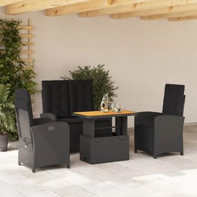 Set da Pranzo da Giardino 4 pz con Cuscini Nero in Polyrattan