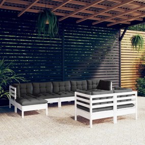 Set divani da giardino 9 pz con cuscini bianchi legno di pino