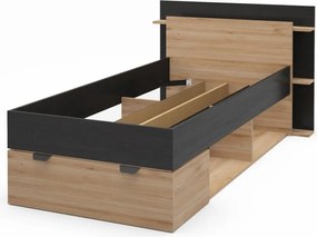 Letto singolo effetto rovere con contenitore senza griglia in colore nero-naturale 90x200 cm Albo - Marckeric