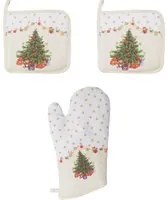 Set guanto e presine alberi Natale bianco in cotone