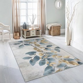 Tappeto azzurro/dorato lavabile 80x150 cm Golden Leaves – Mila Home