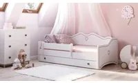 Letto singolo per bambini decorato, Lettino decorato con protezione anticaduta per cameretta, cm 164x85h70, colore Bianco e Grigio