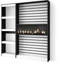 Libreria scaffale in legno a ripiani, 170x186x25cm, Camino elettrico, Stile moderno, Bianco e nero