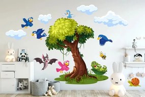 Adesivo murale per bambini albero e uccelli felici 50 x 100 cm