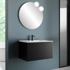 Mobile bagno sospeso 70 cm nero opaco cannettato con cassetto, specchio e lavabo Nara