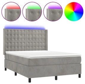 Letto a molle materasso e led grigio chiaro 140x190 cm velluto