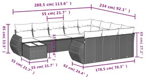 Set divani da giardino 11 pz con cuscini in polyrattan nero