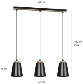 Lampadario 3 Luci Bolero Con Paralumi A Cono In Acciaio Nero E Legno Naturale