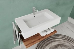 Lavabo Sospeso Bianco Opaco 100 Cm Con Mensola Effetto Legno E Specchio - Roma