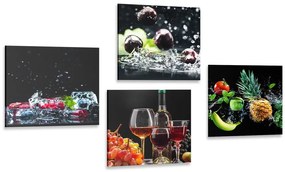 Set di quadri – Vino e pezzi di frutta su sfondo nero