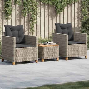 Set da bistrò 3 pz con cuscini grigio polyrattan e legno acacia