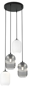 Lampadario 4 Luci Selene Base Tonda Acciaio Nero Vetri Plissettati Bianco E Fumè