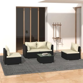 Set divani da giardino 5 pz con cuscini in polyrattan nero