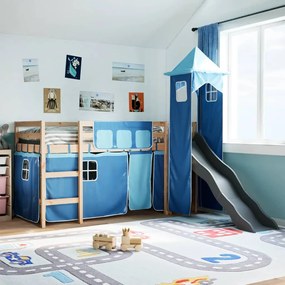 Letto A Soppalco Con Torre Bambini Blu 90x190cm Massello Pino /
