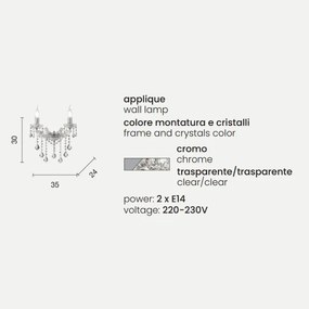 Applique DAMASCO 35x24 cm a 2 luci con decorazioni in cristallo Cromo