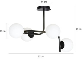 Lampadario 4 Luci Rama In Acciaio Nero A Bracci Curvi E Sfere In Vetro Opalino