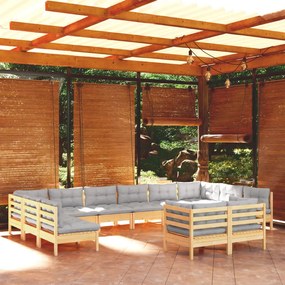 Set divani da giardino 12 pz con cuscini grigi massello di pino