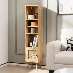 Costway Armadietto Boho con porta in rattan gambe in legno massello, Mobile sottile autonomo ripiano regolabile Naturale