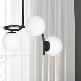 Lampadario 3 Luci Rama In Acciaio Nero A Bracci E Sfere In Vetro Opalino