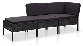 Set Divani da Giardino 3 pz con Cuscini in Polyrattan Nero