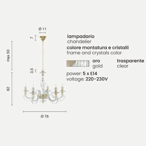 Lampadario a sospensione 1306 in vetro soffiato lavorato a mano 5 luci ORO