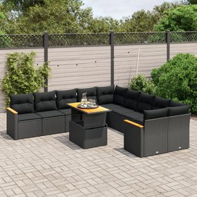 Set divani da giardino 11 pz con cuscini in polyrattan nero