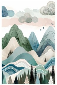 Quadro su tela – Montagne pastello e foresta scura