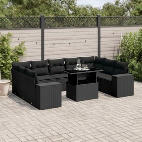 Set divani da giardino 10pz con cuscini in polyrattan nero