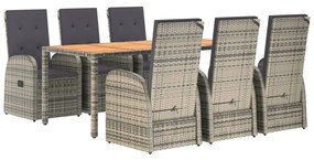 Set da pranzo da giardino 7 pz con cuscini in polyrattan grigio