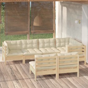 Set divani da giardino 7 pz con cuscini crema in massello di pino
