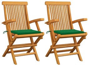 Sedie da Giardino con Cuscini Verdi 2 pz Legno Massello di Teak