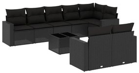 Set divani da giardino 9 pz con cuscini nero in polyrattan