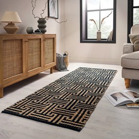 Passatoia nera/di colore naturale in misto iuta tessuta a mano 80x230 cm Meander Jute – Flair Rugs