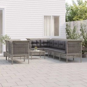 Set divani da giardino 9 pz con cuscini in polyrattan grigio