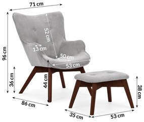 Poltrona con poggiapiedi grigia con rivestimento in velluto a coste Niko – Ropez