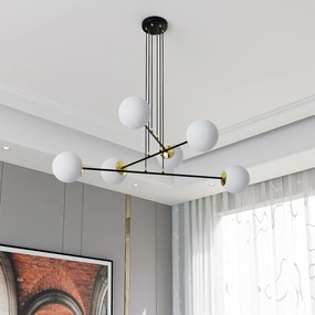 Lampadario Moderno 6 Luci Ognis In Acciaio Nero E Oro E Vetro A Sfera Opale