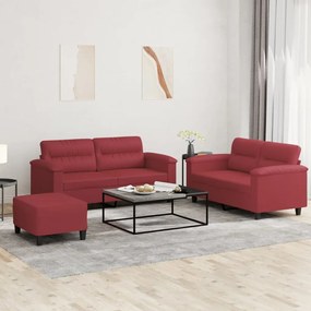 Set Di Divani 3 Pz Con Cuscini Rosso Vino İn Similpelle /
