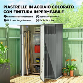 Capanno Porta Attrezzi 142x86x189 cm con Tetto Inclinato e Porta Bloccabile in Metallo Grigio Chiaro...