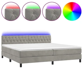Letto a molle materasso e led grigio chiaro 200x200 cm velluto
