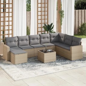 Set divano da giardino 9 pz con cuscini beige in polyrattan