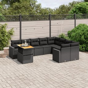 Set divani da giardino 10pz con cuscini in polyrattan nero