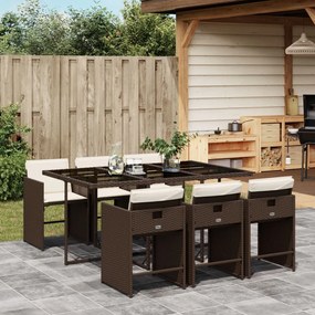 Set da pranzo da giardino 7pz con cuscini in polyrattan marrone